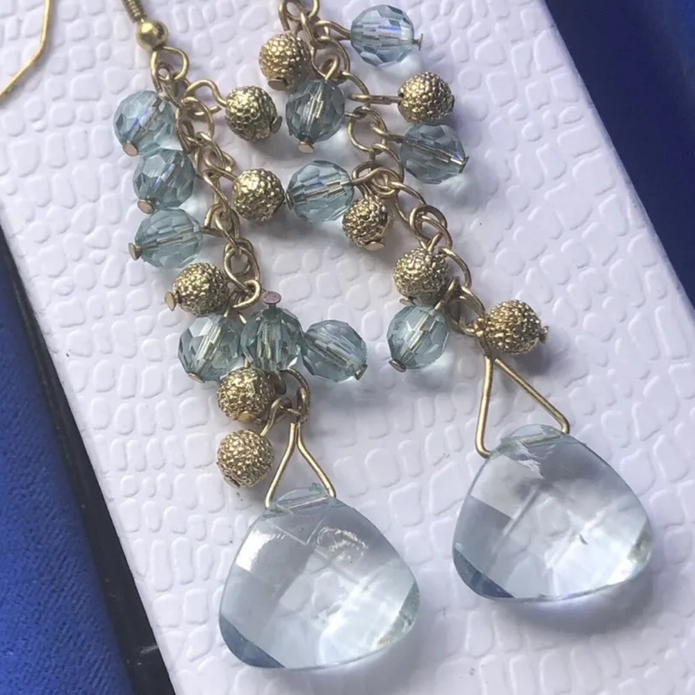 Long Earrings Faceted pale blue Crystal and bead Dangles Gold tone French hooks